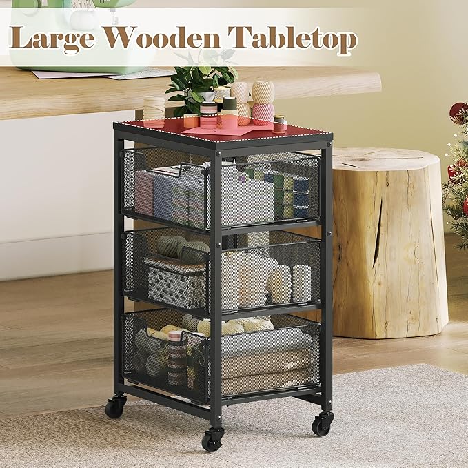 Under Desk Storage Cart with Lockable Wheels, 3-Drawer Rolling Storage Cart, Metal Utility Cart with Drawers for Art Cart, Craft Cart, Classroom, Office, Kitchen, Bedroom
