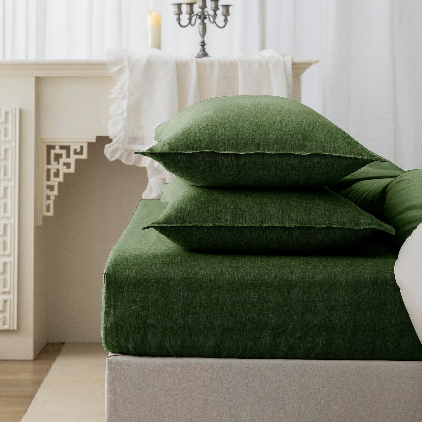 EVERLY 100% Linen Pillowcases Set of 2, Envelope Overlap Closure French Natural Washed Flax Pillowcases 20x26 inches-Mossy Green