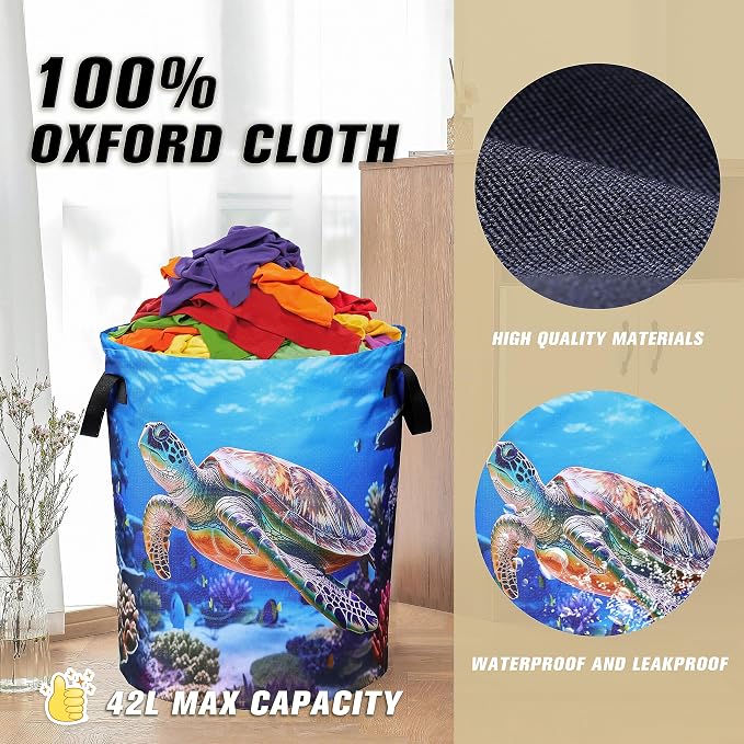 Sea Turtle Laundry Basket Animal Foldable Oxford Cloth Funny Tote Bag Laundry Hamper Clothes Storage Bucket Organizer For Bathroom/Laundry Storage/Bedroom 18.9x16.5 Inch