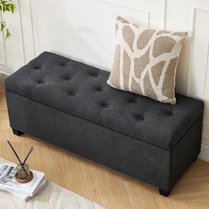 Mangodan 43 Inch Linen Storage Ottoman Bench, Foot Rest with Legs, End of Bed Bench, Storage Chest, Load up to 660 Lb, Ottoman with Storage Bench for Living Room, Bedroom, Entryway (Charcoal)