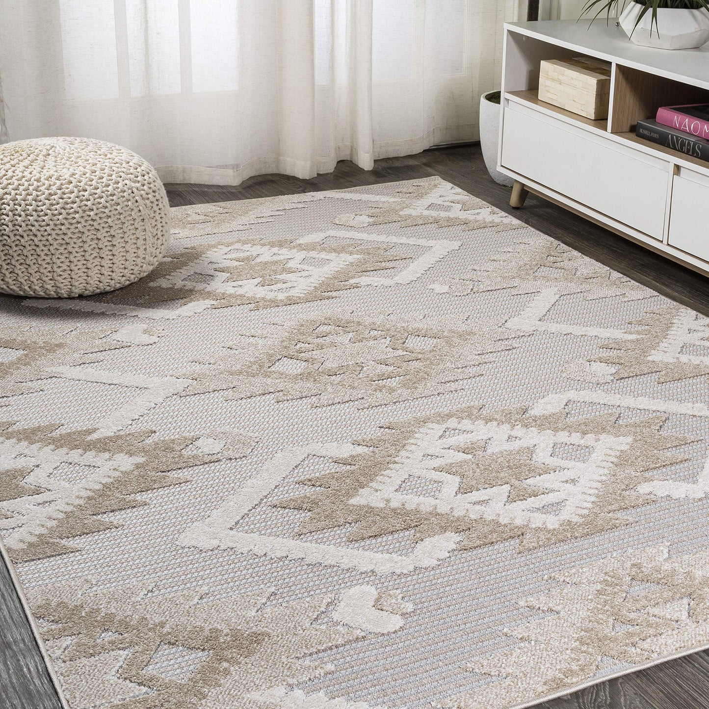 JONATHAN Y Neutral Diamond Kilim Indoor Outdoor Area Rug 4X6 Beige/Gray, Sumak High-Low Pile for Backyard, Patio, Porch, Easy-Cleaning, High Traffic, Pet-Friendly, Non-Shedding (SBH107A-4)