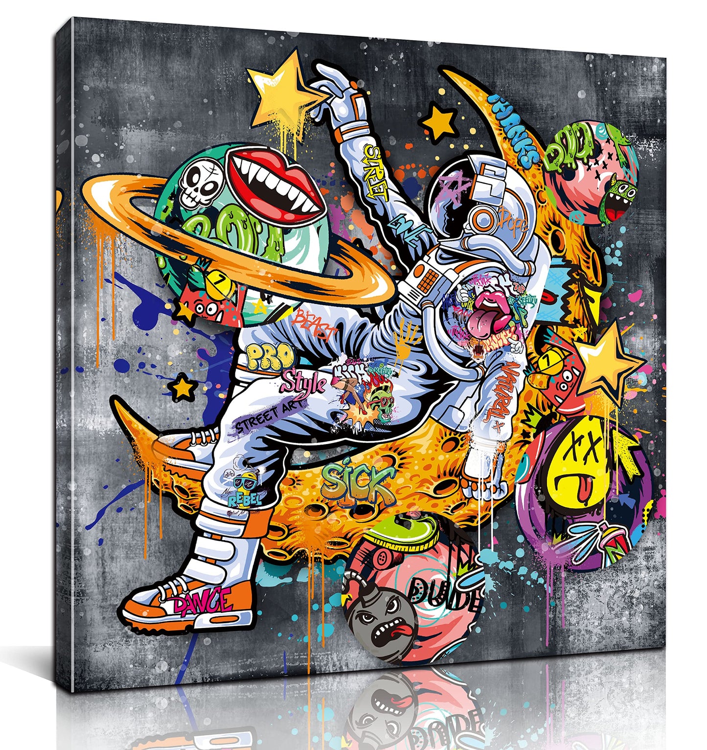 Kepgonegu Funny Wall Art Astronauts Graffiti Canvas Wall Art Outer Space Picture for Bedroom Bathroom Living Room Size 20" W x 20" H