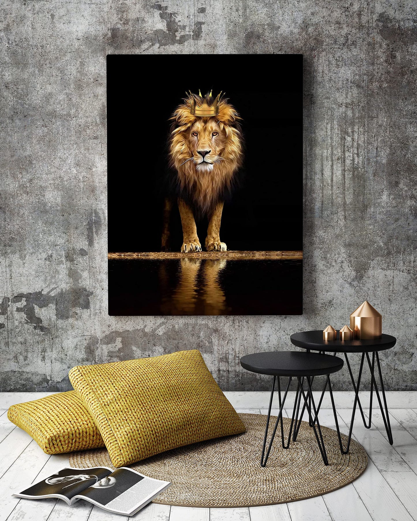 Tribute to art Lion Canvas Print Wall Art,A with a crown noble and confident,Black Golden Animal for Living Room Office Decor Home Decoration Framed Ready Hang,bedroom men (Lion king, 16inchx12inch)
