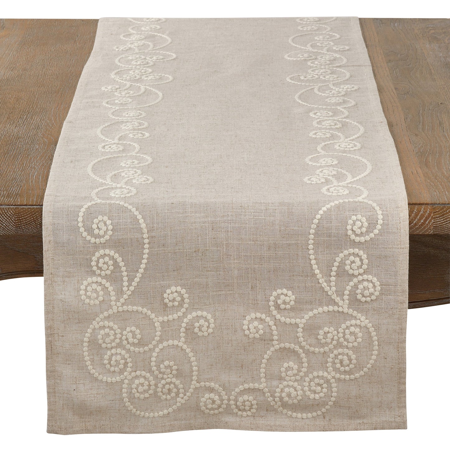 SARO LIFESTYLE 001.N1690B Augustina Collection Embroidered Swirl Design Linen Blend Table Runner, 16" x 90", Natural