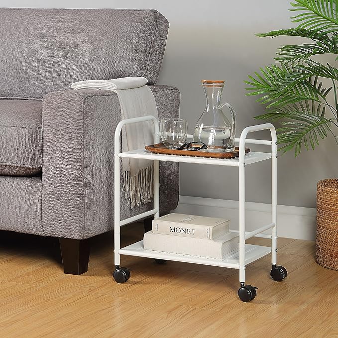 SunnyPoint 2-Tier Metal Rolling Utility Cart – Mobile Storage Shelf with Caster Wheels – Small Space Organizer for Home, Office, Bedroom, Kitchen (WHT) (Pack of 2)