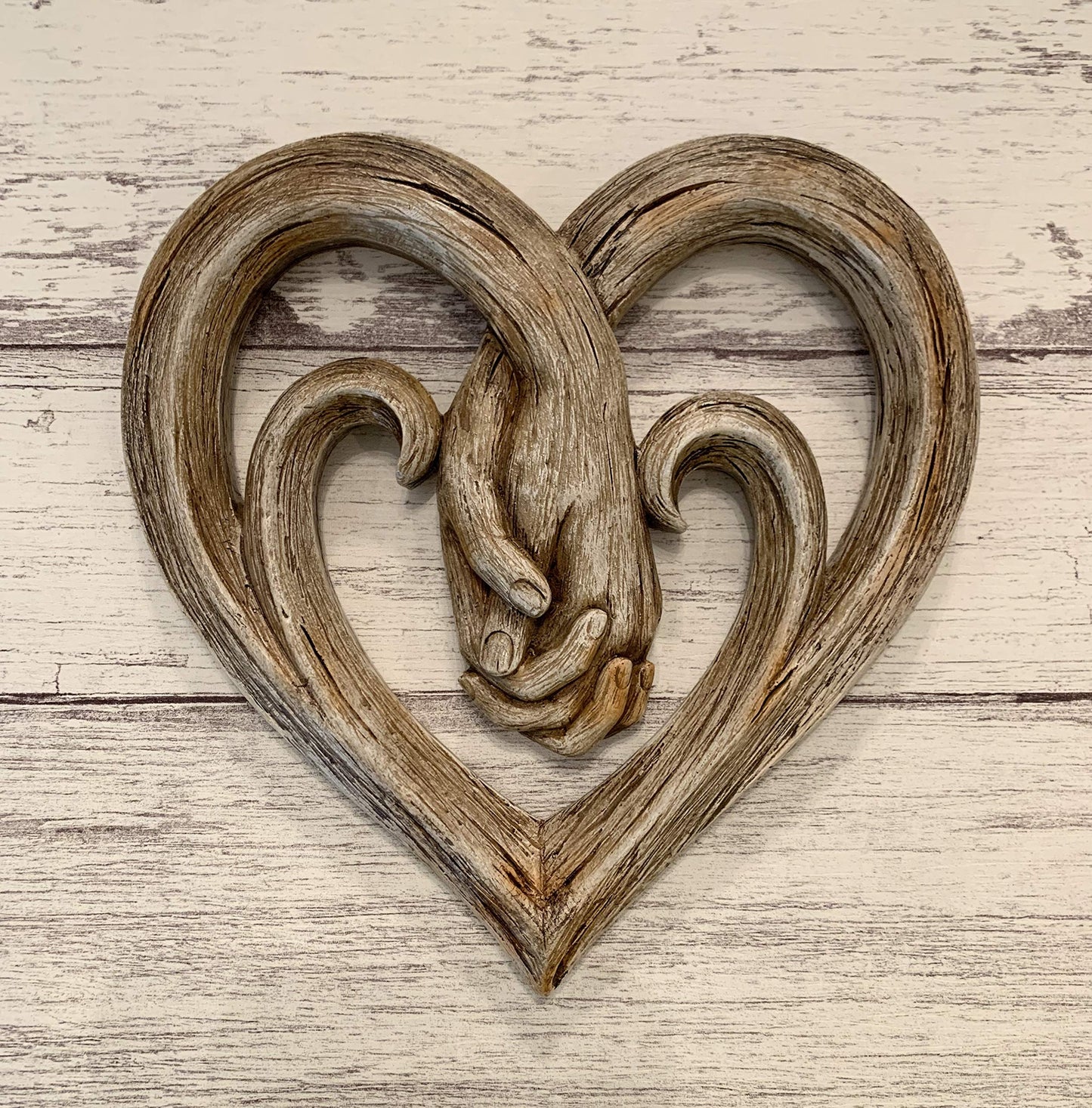 Top Brass Heart Holding Hands Wall Decor Decorative Art Sculpture - Faux Wood Finish - Forever Love