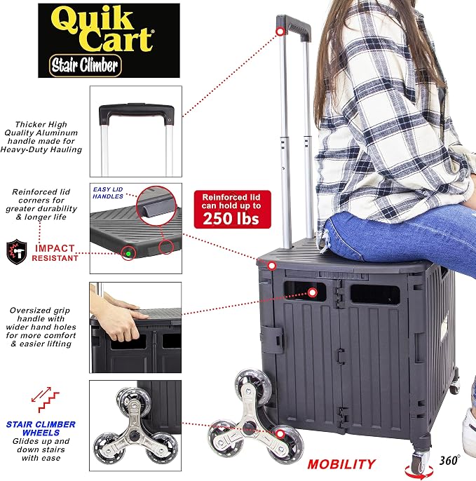 dbest Products Quik Cart Stair Climber Wheeled Rolling Crate Teacher Utility with seat Heavy Duty Collapsible Basket with Handle, 18" D x 17" W x 39" H, Black
