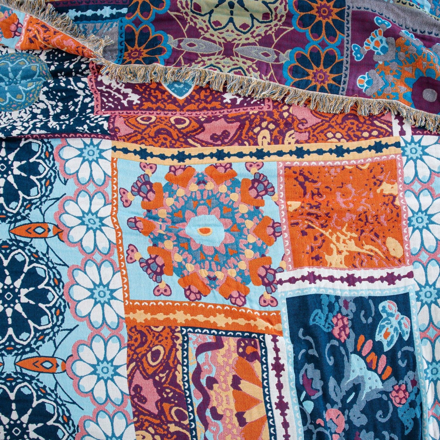 BRYALIX 100% Cotton Muslin Floral Bed Throw Blanket, Lightweight Muslin Quilt, Boho Farmhouse with Fringe, Blue Orange Pink Patchwork, Reversible Jacquard Blanket for Home, Picnic, Travel, 90"x98"