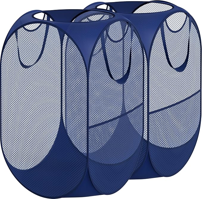 Simple Houseware Mesh Pop-Up Laundry Hamper Basket with Side Pocket, Dark Blue - 2 Pack