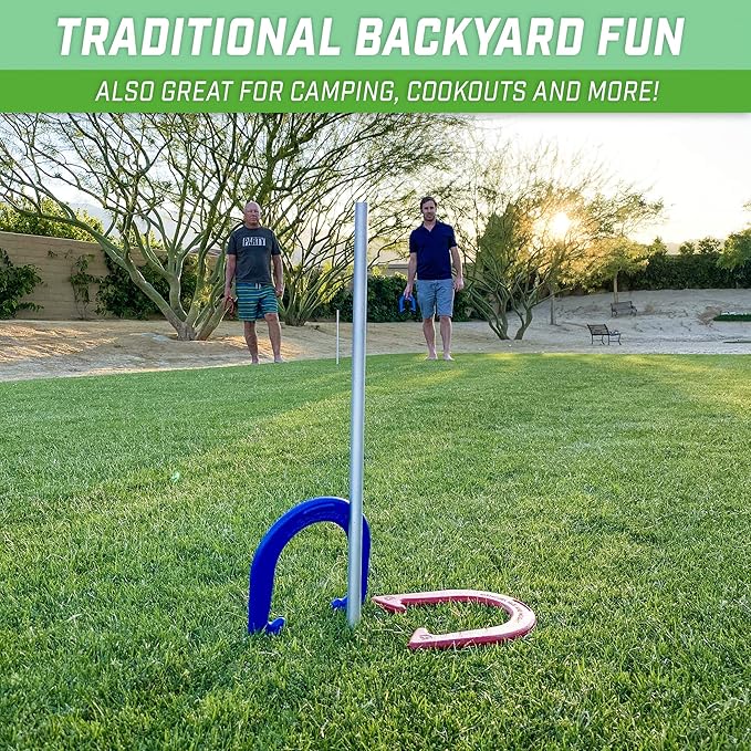 GoSports Steel Horseshoes Outdoor Game Set - Gold & Silver or Red & Blue - Official Size and Weight