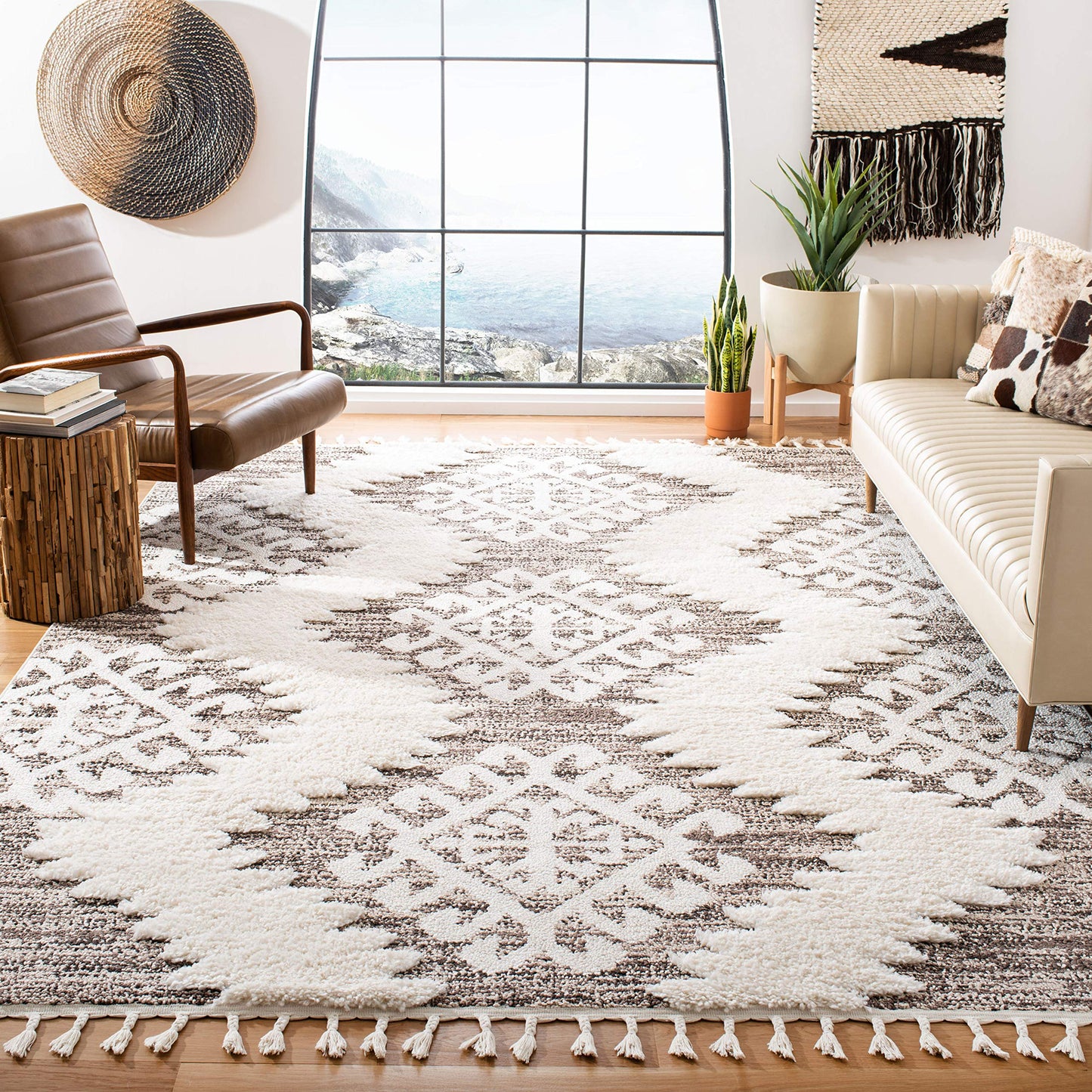 SAFAVIEH Moroccan Tassel Shag Collection Area Rug - 10' x 14', Ivory & Brown, Boho Design, Non-Shedding & Easy Care, 2-inch Thick Ideal for High Traffic Areas in Living Room, Bedroom (MTS652A)