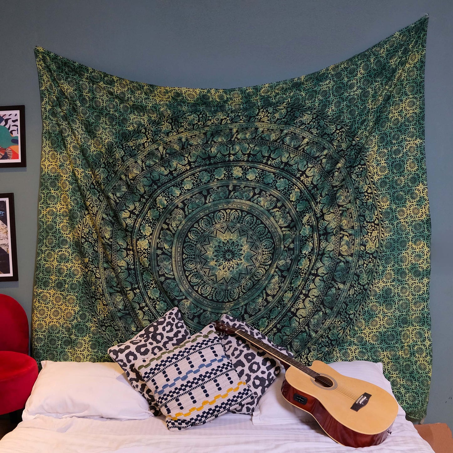 Craft Trade Indian Cotton Mandala Wall Hanging Tapestry for Aesthetic Boho Hippie Living Room, Meditation & Bedroom Décor - Green - 50x60 Inches