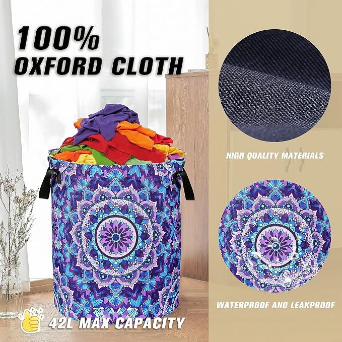 Mandala Laundry Basket Beautiful Flowers Foldable Oxford Cloth Funny Tote Bag Laundry Hamper Clothes Storage Bucket Organizer For Bathroom/Laundry Storage/Bedroom 18.9x16.5 Inch