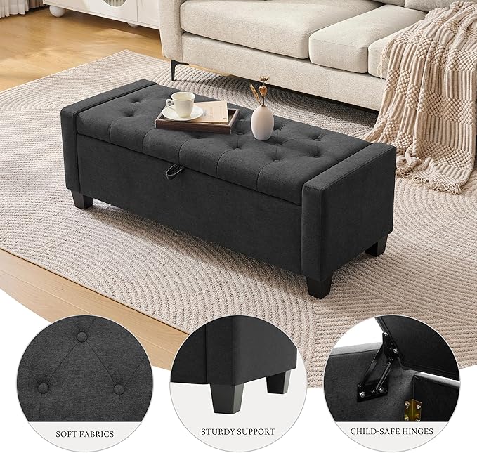 Huatean Home 43" Ottoman with Storage, Storage Ottoman Bench with Safety Hinge, Upholstered Entryway Bench with Seating for Bedroom, Living Room, Holds up to 330 lb, Dark Gray