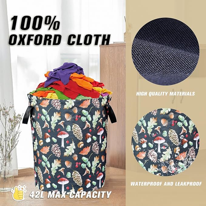 Vintage Mushrooms Laundry Basket Forest Plants Foldable Oxford Cloth Funny Tote Bag Laundry Hamper Clothes Storage Bucket Organizer For Bathroom/Laundry Storage/Bedroom 18.9x16.5 Inch