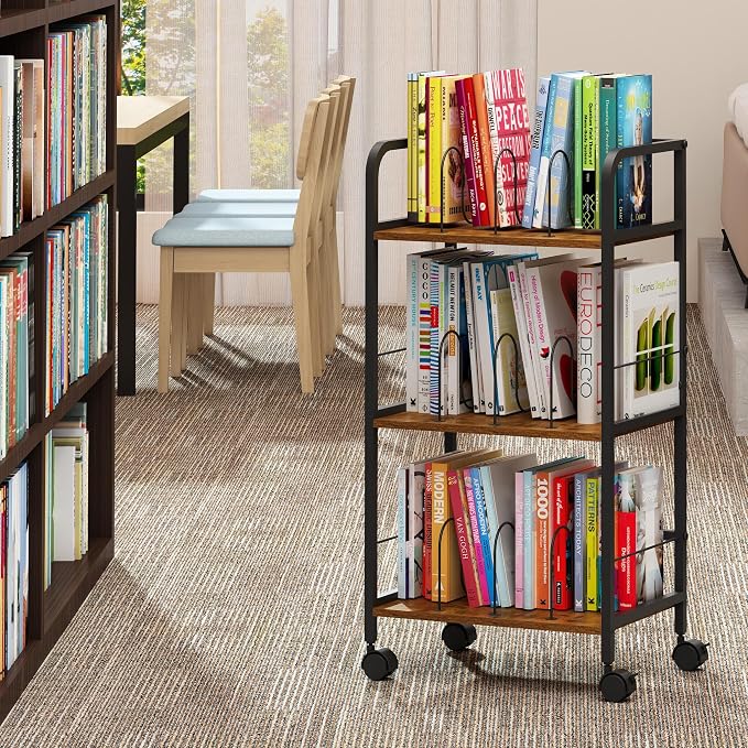 Feyejade Rolling Book Cart with Removable Dividers, 3-Tier File Cart with Wheels, Utility Storage Rack for Office, Home, Classroom, Art Supply Organizer, Binder and Laptop Shelf Rack