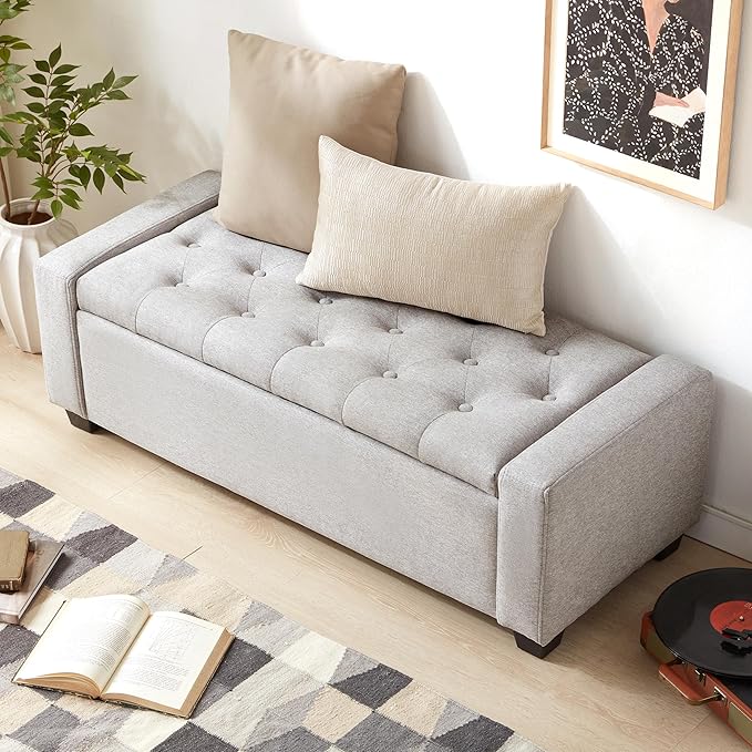 Huatean Home 48" Ottoman with Storage, Storage Ottoman Bench with Safety Hinge, Upholstered Entryway Bench with Seating for Bedroom, Living Room, Holds up to 330 lb(Light Gray)