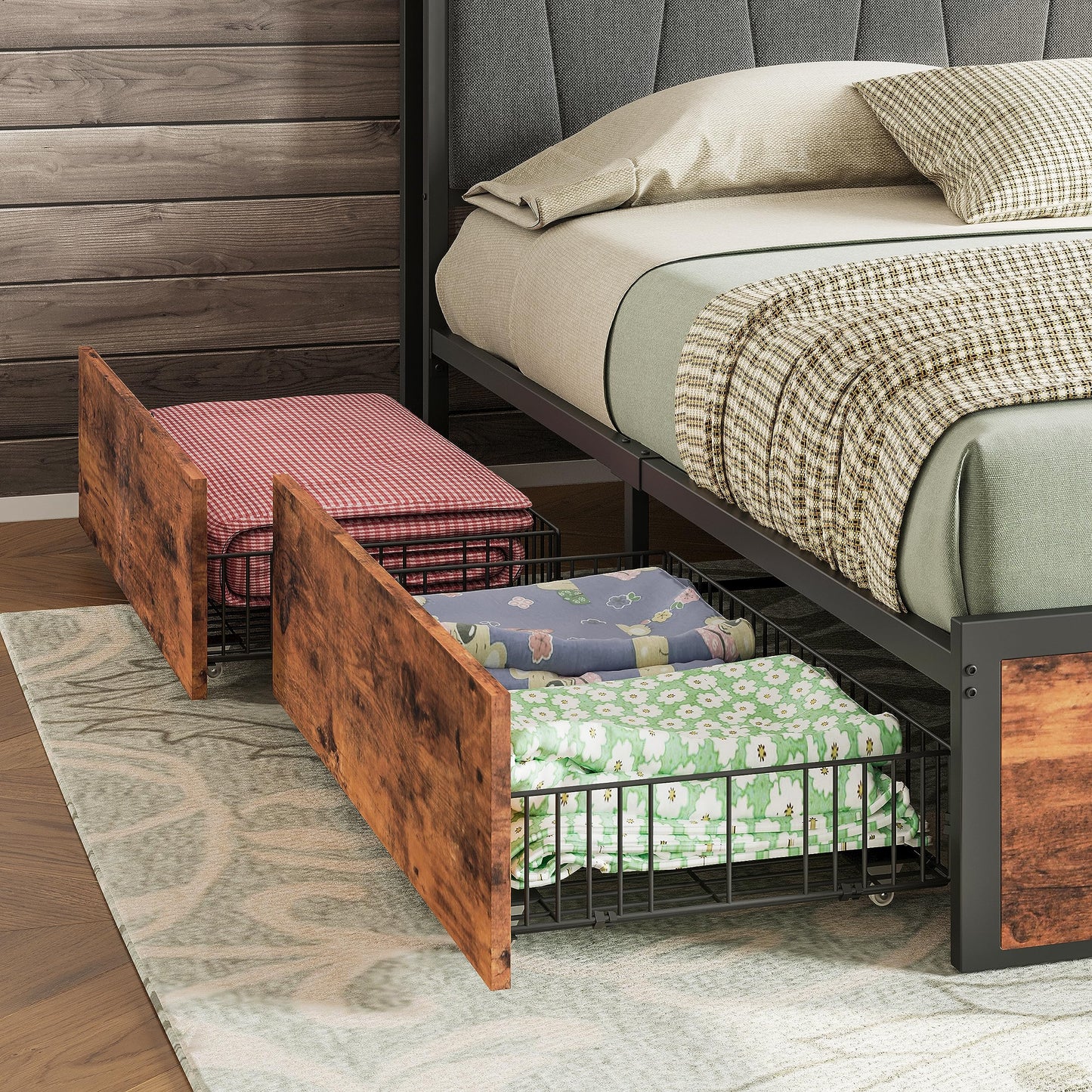 LIKIMIO King Bed Frame with 4 Storage Drawers, Platform Bed with Charged Headboard, Sturdy and Stable, No Noise, No Box Spring Needed, Easy to Install, Vintage Brown and Gray