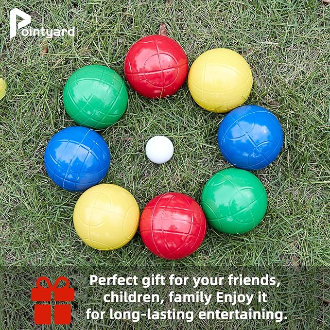 Pointyard 100mm Bocce Ball Set, Regulation Bocci Ball Set with 8 PE Bocce Balls/1 Pallino/Carrying Bag/Measuring Tape - Outdoor Family Bocce Game for Backyard/Lawn/Beach (Red,Blue,Green,Yellow)