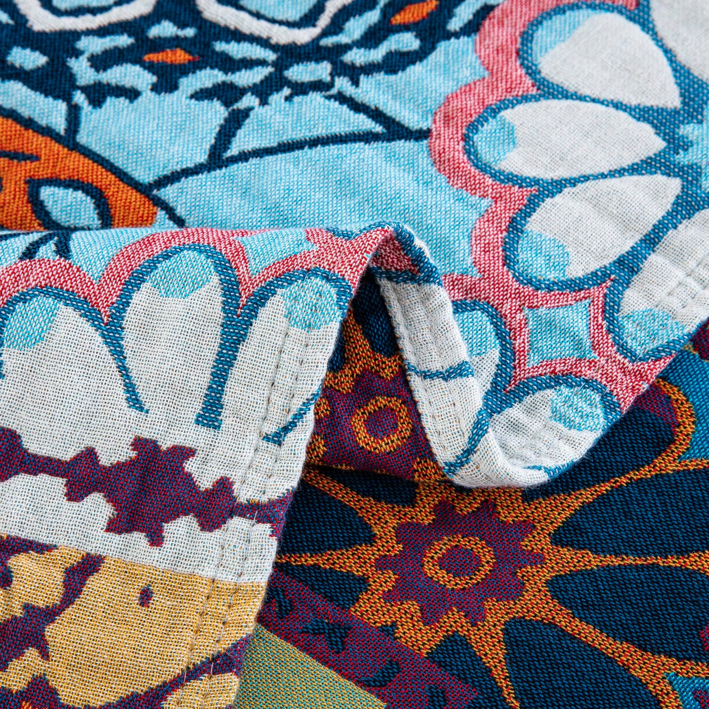 BRYALIX 100% Cotton Muslin Floral Bed Throw Blanket, Lightweight Muslin Quilt, Boho Farmhouse with Fringe, Blue Orange Pink Patchwork, Reversible Jacquard Blanket for Home, Picnic, Travel, 90"x98"
