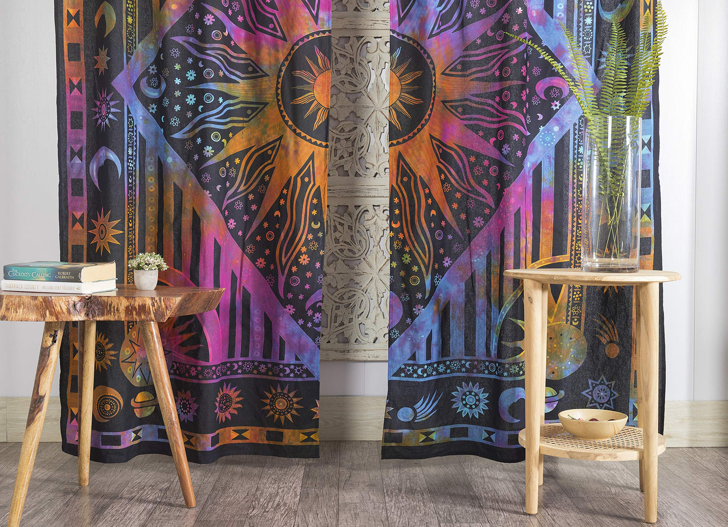 Popular Handicrafts Indian Burning Sun Hippie Mandala Window Curtains - Gypsy Tye Dye Bohemian Sun Moon Beautiful Drapery Bedroom Living Room Balcony Valance Panels Purple